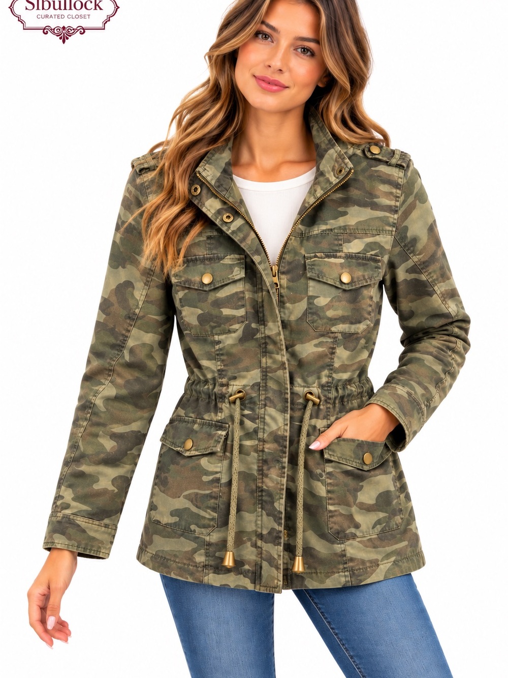 J44 rue21 Juniors L Camo Hooded Utility Jacket Brass Hardware Fully Lined